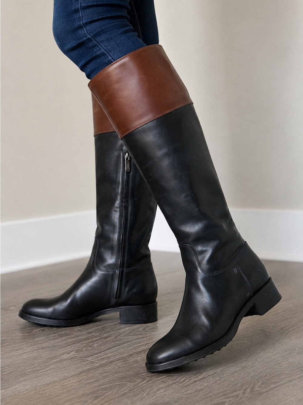 Tod’s Progetto Gomma Two Tone Leather Knee High Riding Boots Black Brown Size 36